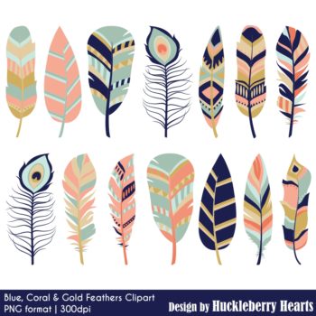 Blue, Coral and Gold Feather Clipart