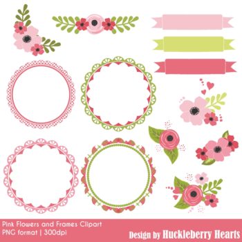 Assorted Pink Flowers and Frames Clipart Set