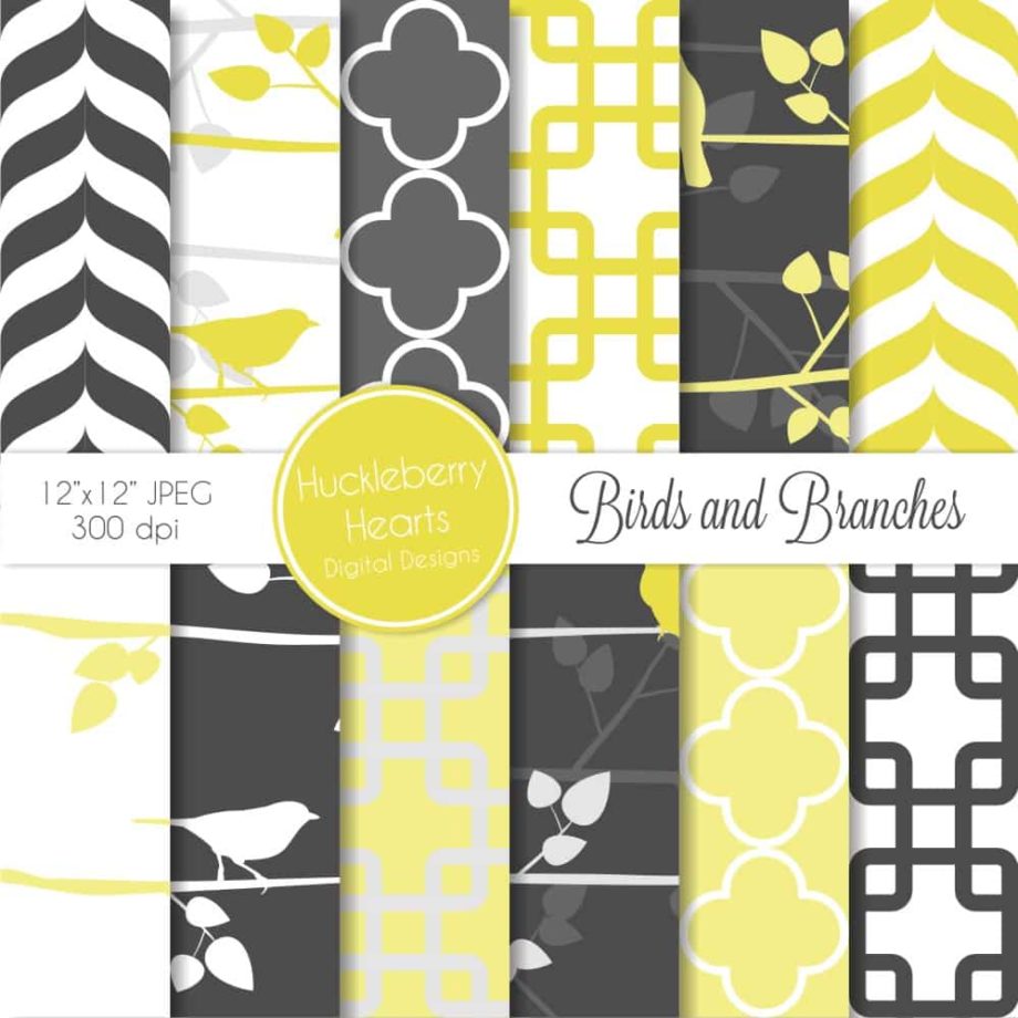 Yellow Birds and Branches Digital Paper