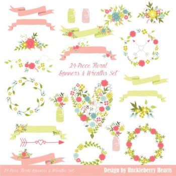 Pink and Green Floral Banners and Wreaths Clipart