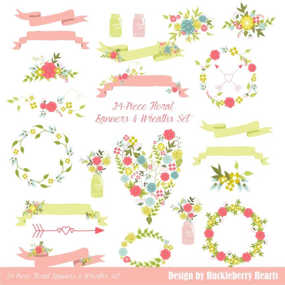 Pink and Green Floral Banners and Wreaths Clipart