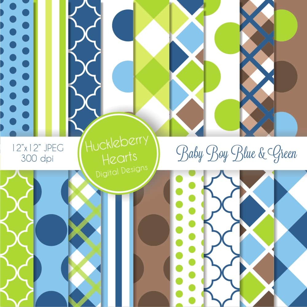 Baby Boy Digital Scrapbook Paper - Huckleberry Hearts