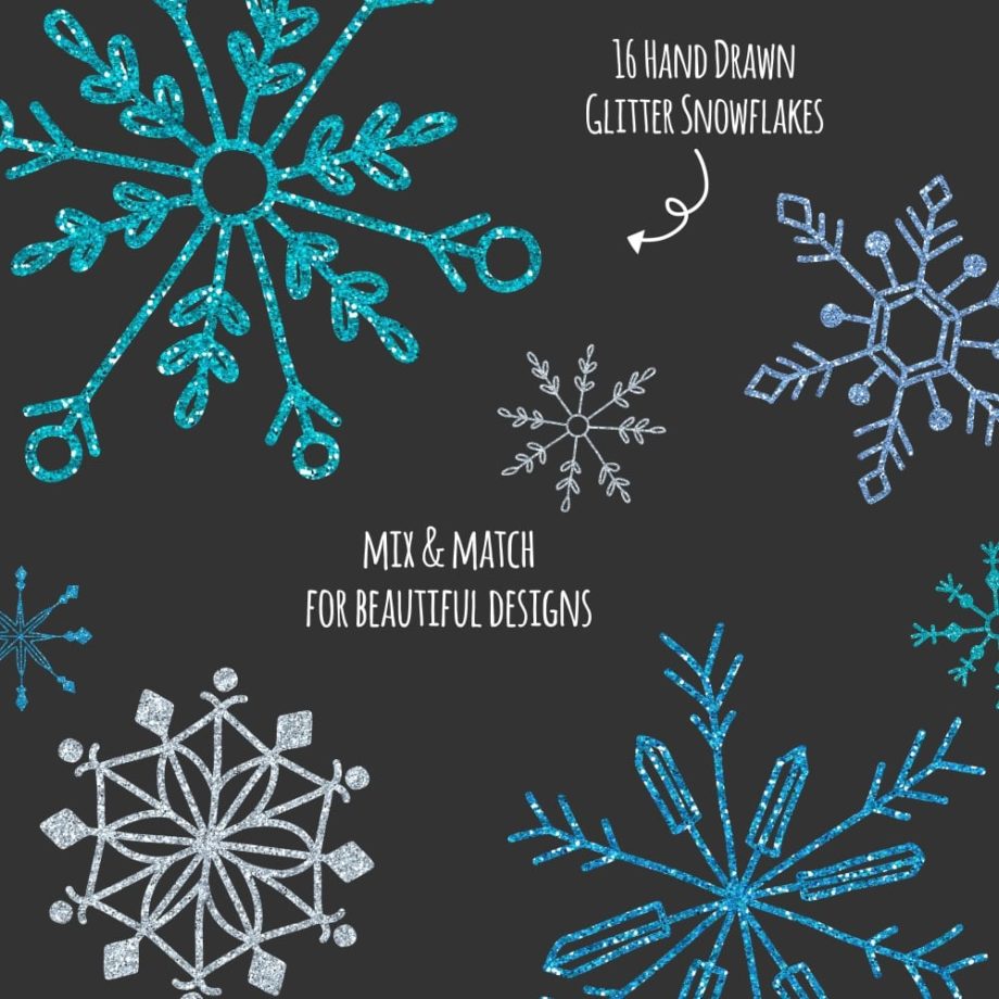 Assorted Hand Drawn Glitter Snowflakes clipart set