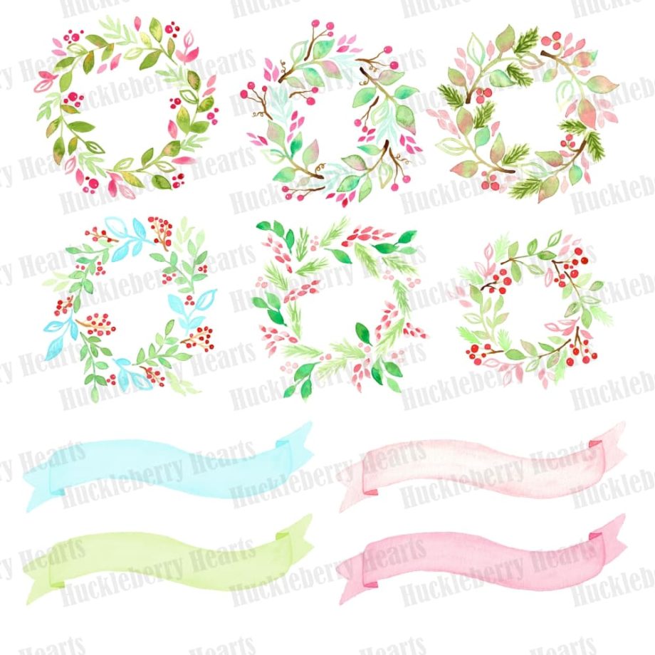 Watercolor Christmas Wreaths Clipart Sample 2