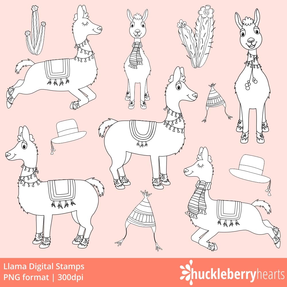 Llama Digi Stamps with solid white and black outlines and transparent background