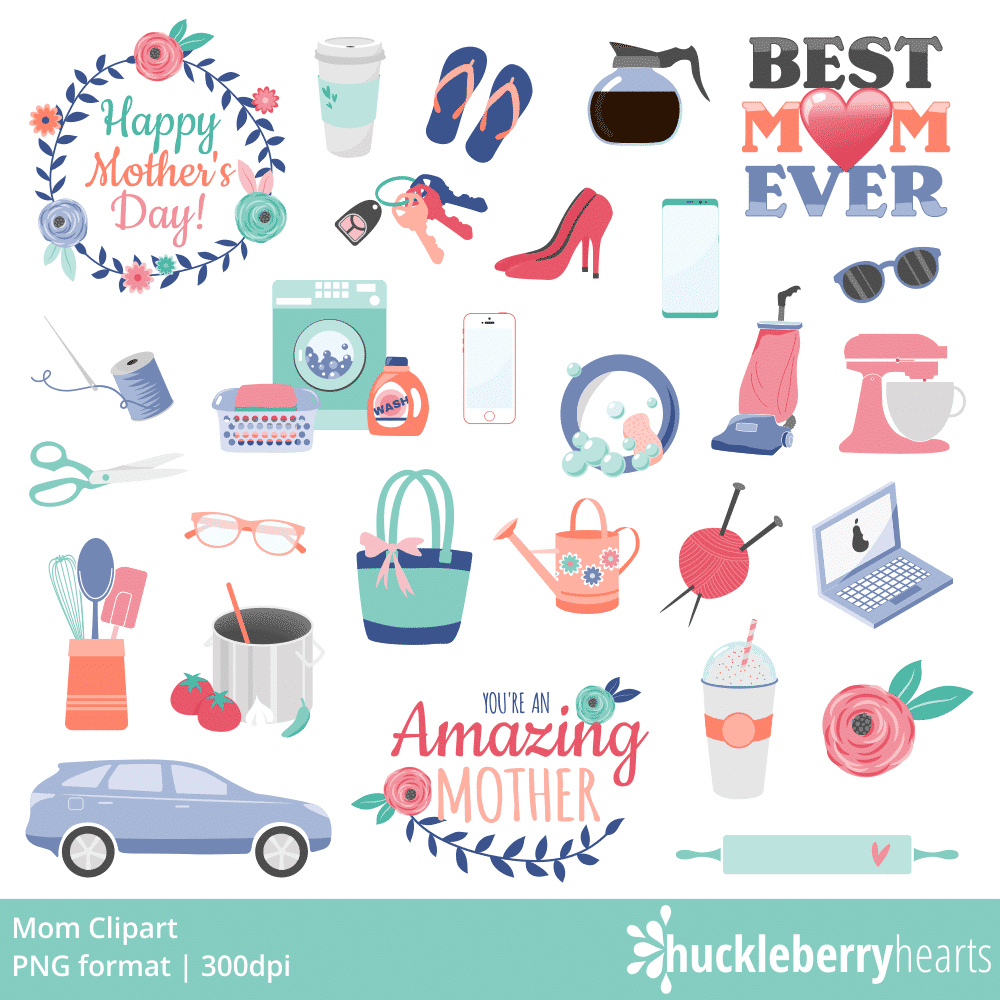 Happy Mothers Day with car, keys, purse, flip flops, coffee and other mom themed clipart