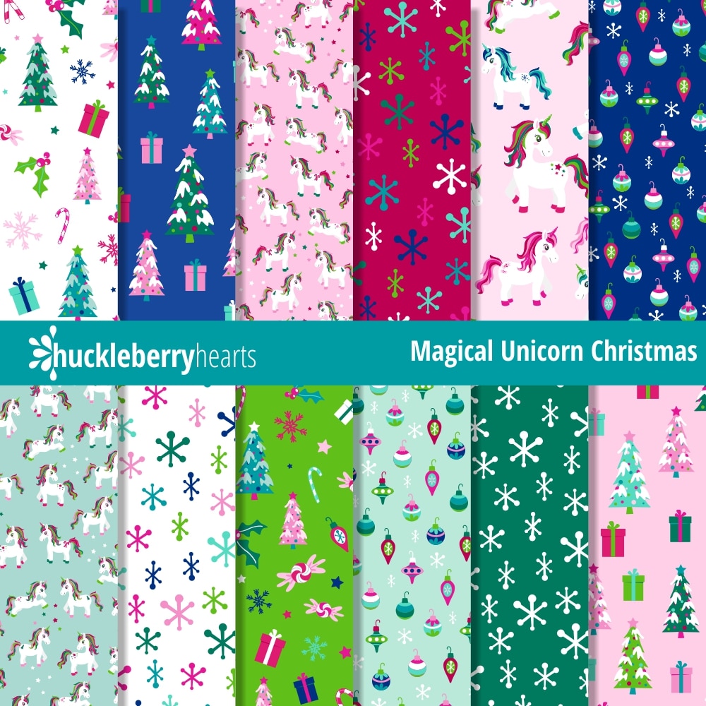 Downloadable Digital Scrapbook Paper featuring Magical Christmas Unicorns