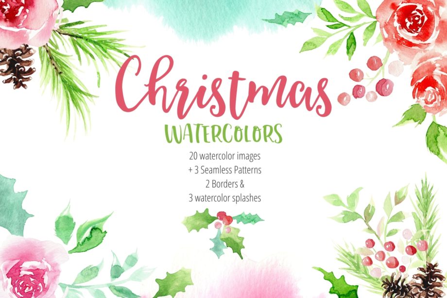 Digital Christmas Watercolor Cliparts and Seamless Patterns