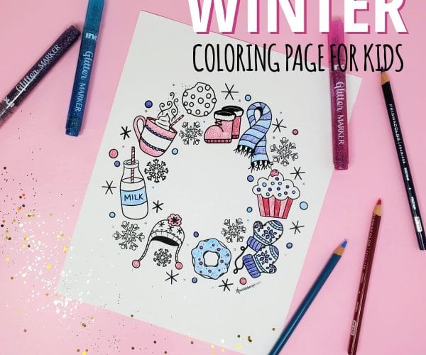 winter coloring page with hot cocoa and winter mittens