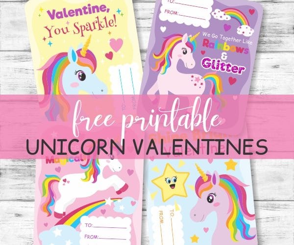 Valentine Card Printables with Unicorns and Rainbows