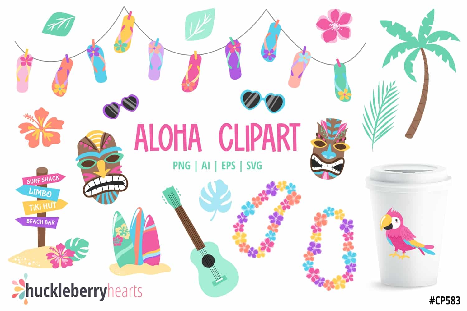 Hawaiian themed tropical clipart set