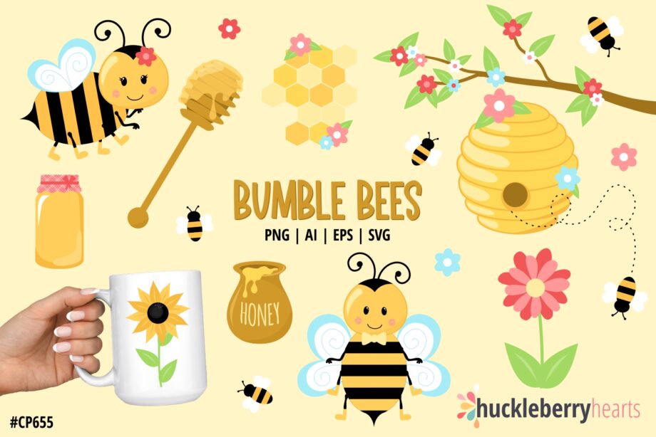 Bumble Bee and Honey Clipart and Vector Set