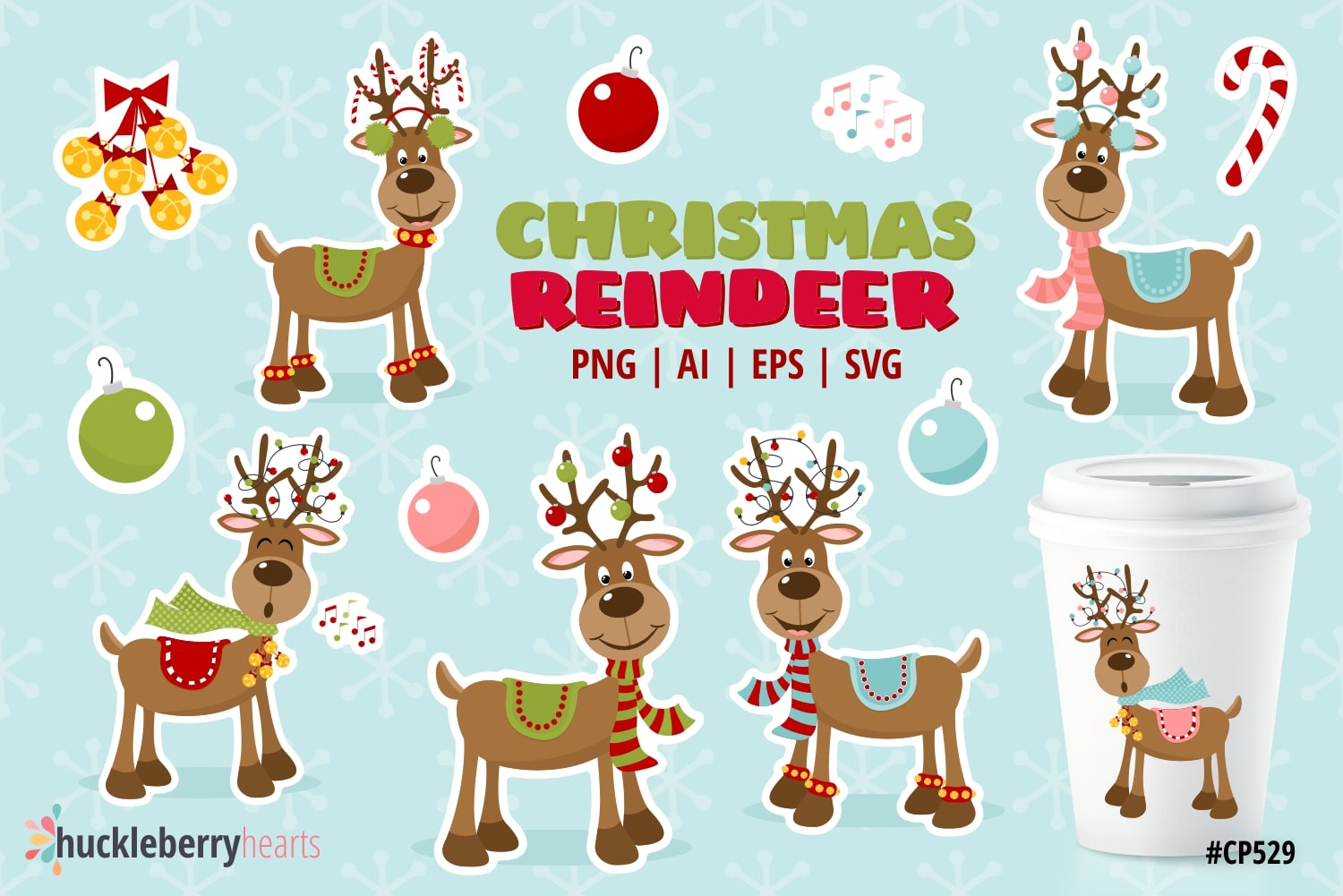 Assorted Whimsical Christmas Reindeer Clipart Set