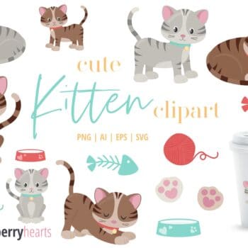 kitten clipart with cute kittens, yarn, fish, food and water dishes, and paw prints