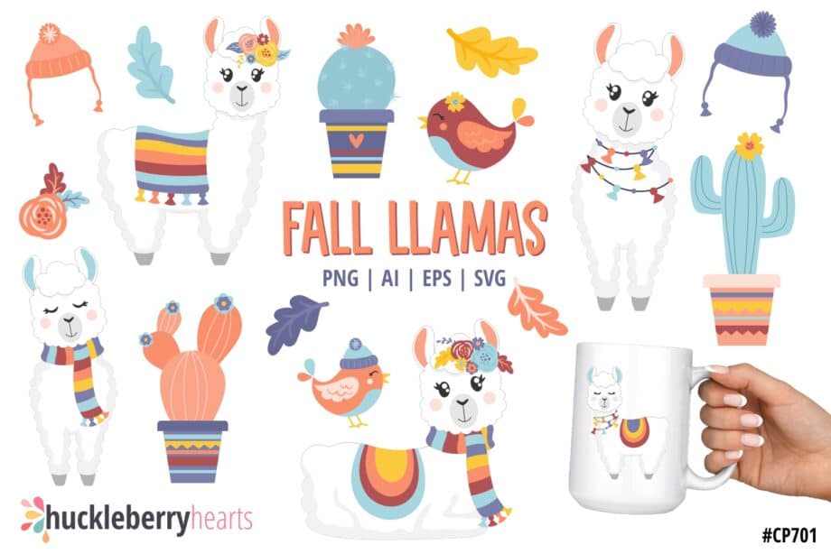 Assorted Set of Fall themed Llama Clipart