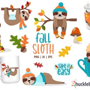 Assorted fall themed sloth cliparts