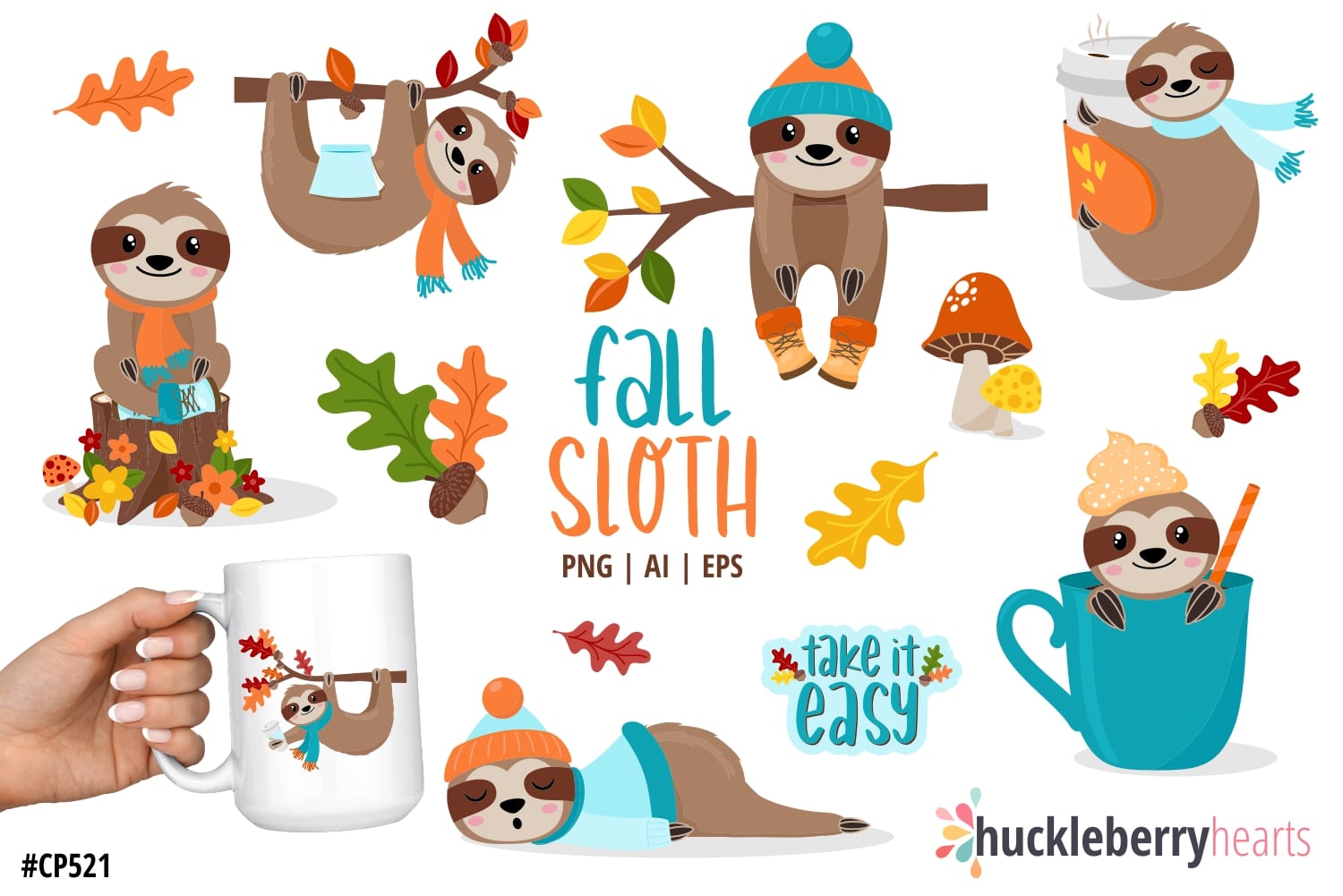 Assorted fall themed sloth cliparts