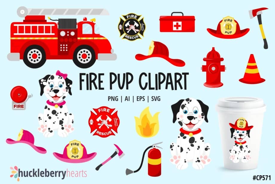 Dalmation Dogs and Fire Station Themed Clipart with Fire Trucks, Hats, and Fire Hydrant Images