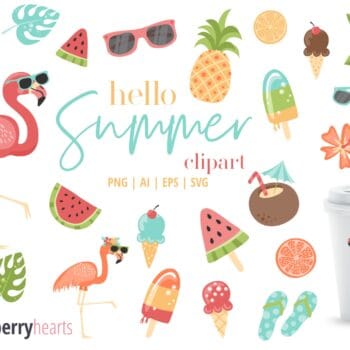 Summer themed clipart set featuring flamingos and watermelon