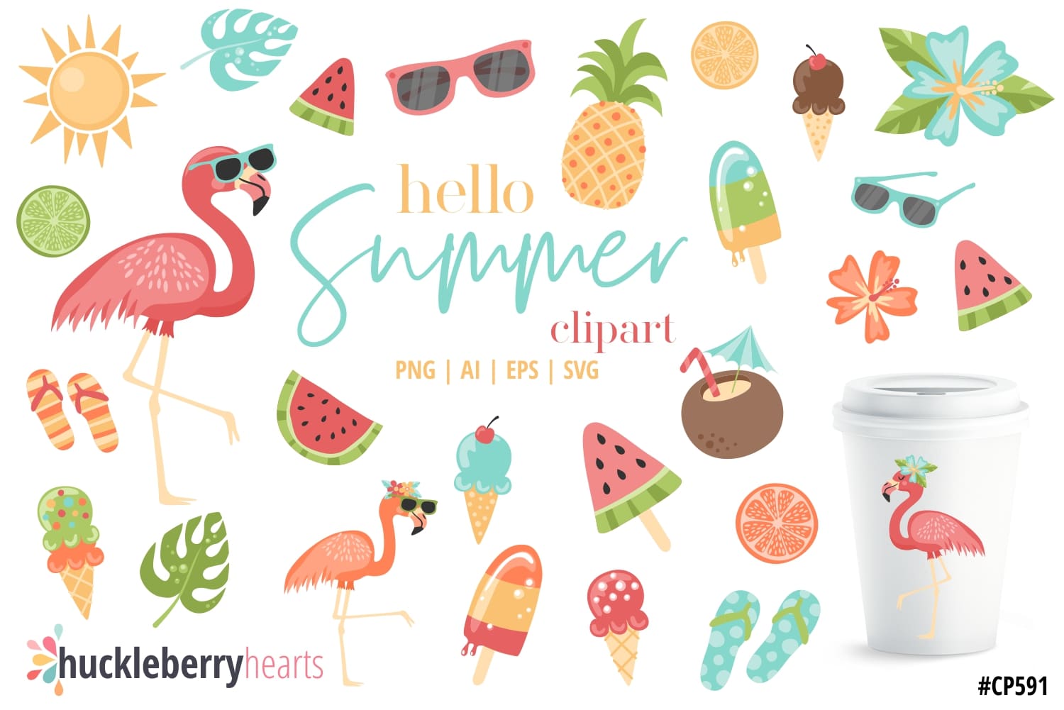 Summer themed clipart set featuring flamingos and watermelon