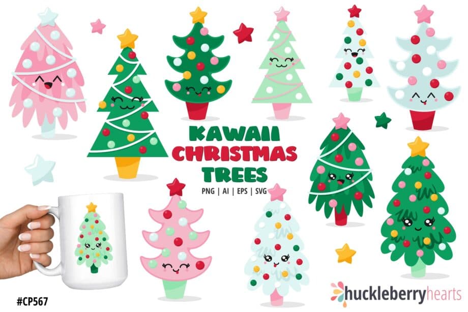 Assorted Kawaii Christmas Tree Clipart Set