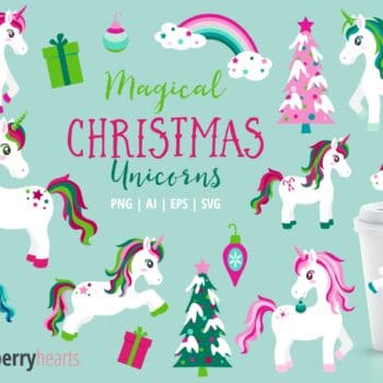 Magical Christmas Unicorn Clipart with Christmas Trees and Rainbows