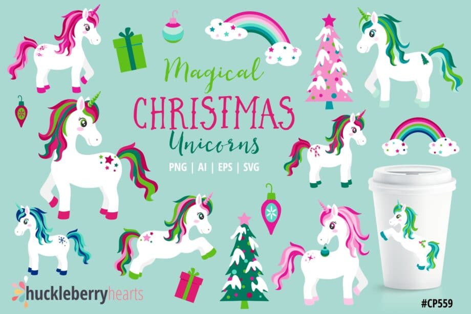 Magical Christmas Unicorn Clipart with Christmas Trees and Rainbows