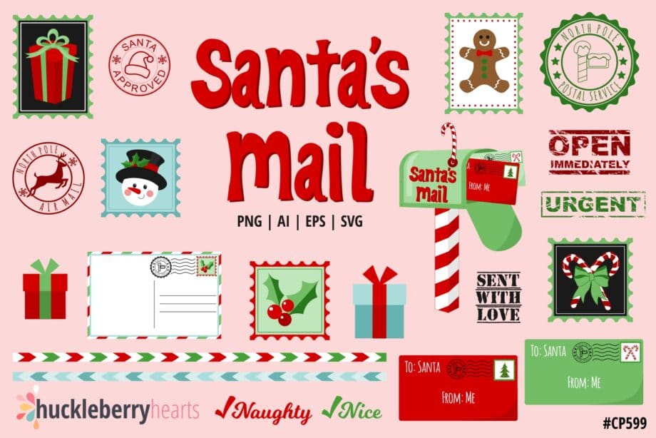 Christmas Mail Clipart with Stamps and Envelopes