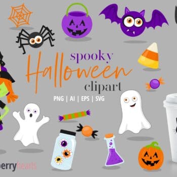 Halloween Clipart set with trick or treaters, ghosts, cat, bats, and spiders