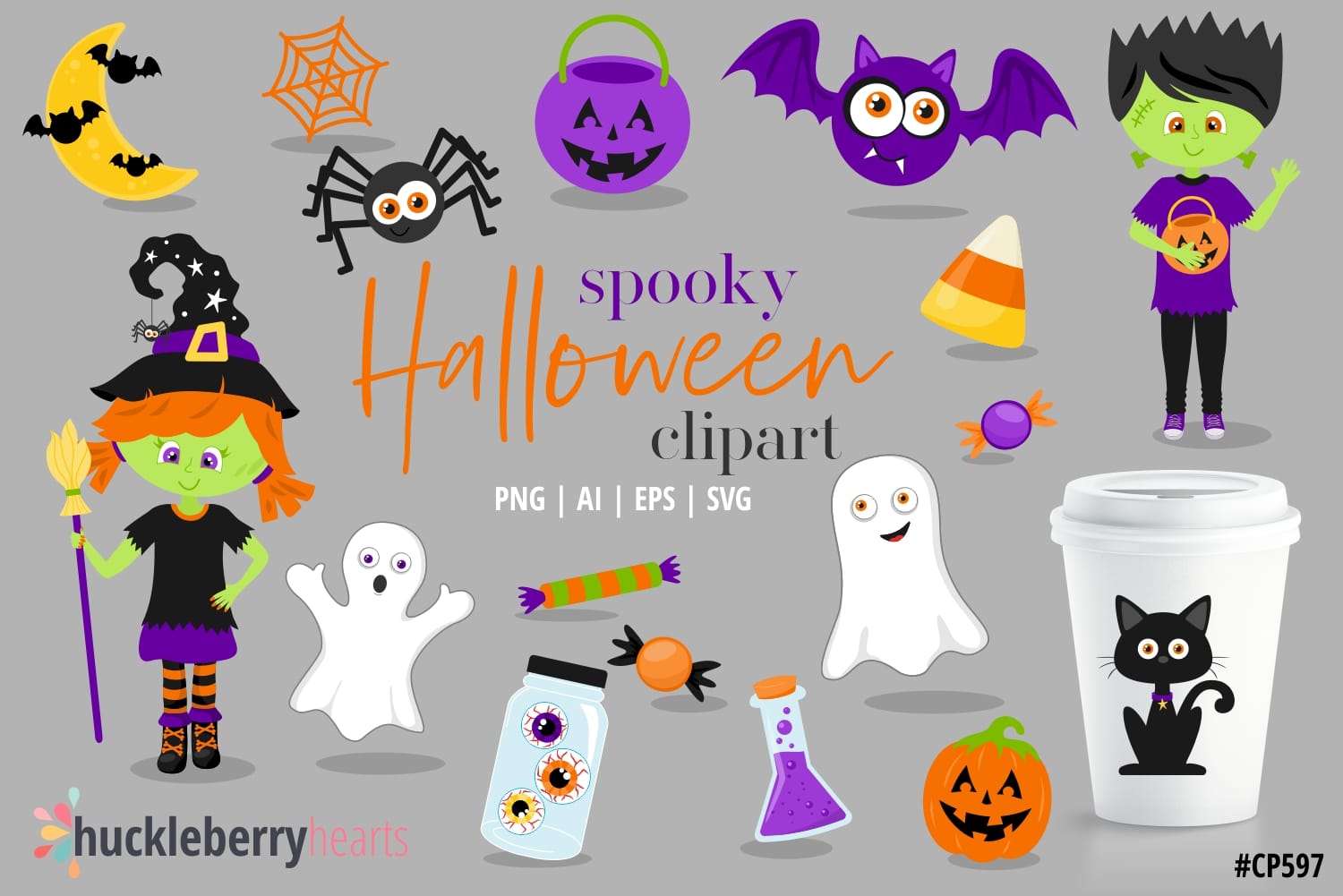 Halloween Clipart set with trick or treaters, ghosts, cat, bats, and spiders