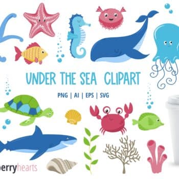 Ocean Creatures Clipart featuring fish, seahorses, starfish, an octupus, whale, share, and more.