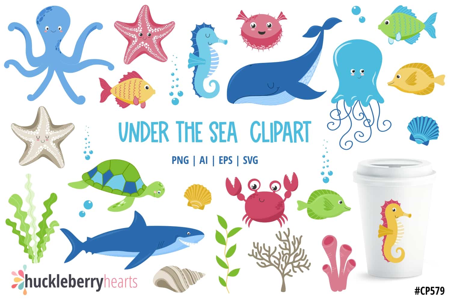 Ocean Creatures Clipart featuring fish, seahorses, starfish, an octupus, whale, share, and more.