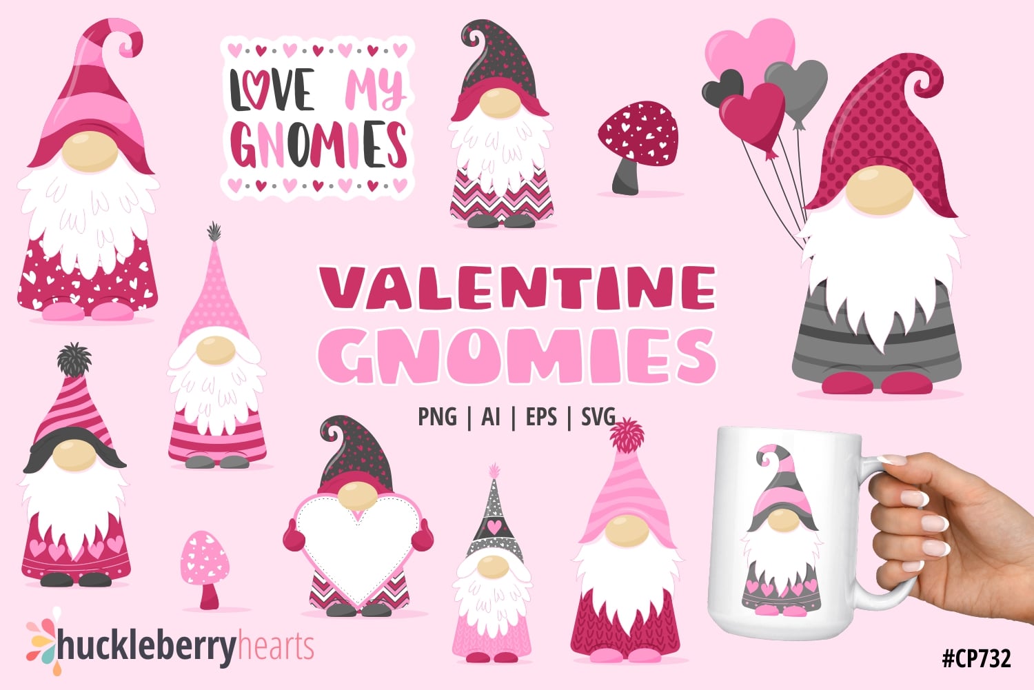 Valentines Day themed gnome clipart set
