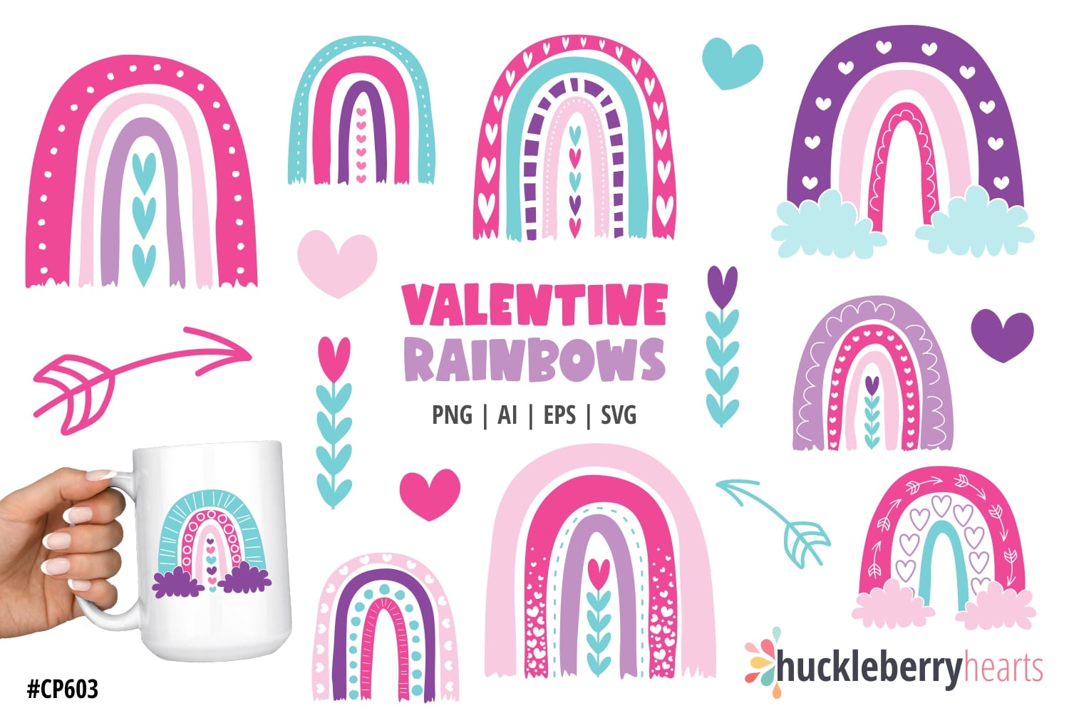 Assorted Valentine’s Day themed rainbow cliparts