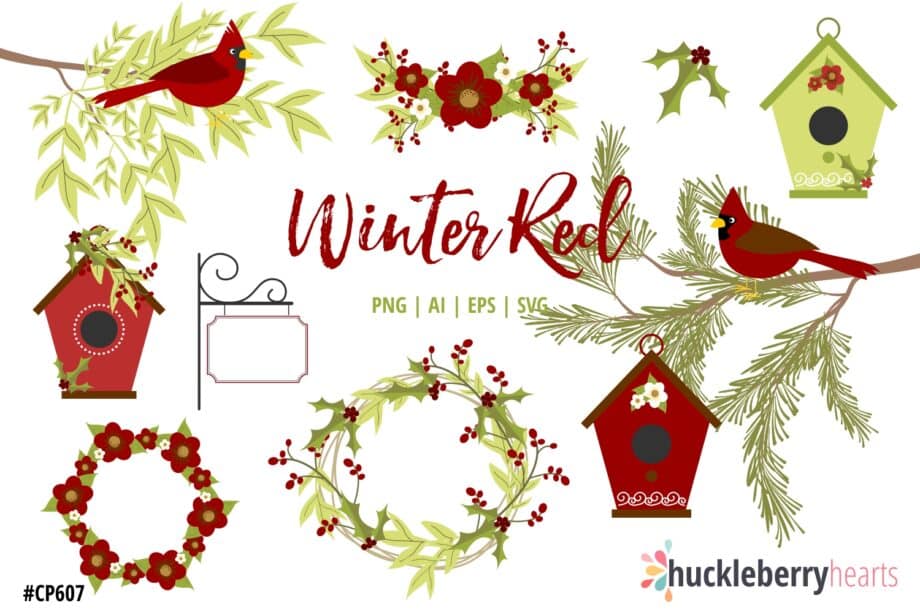 Winter Red Birdhouses Clipart