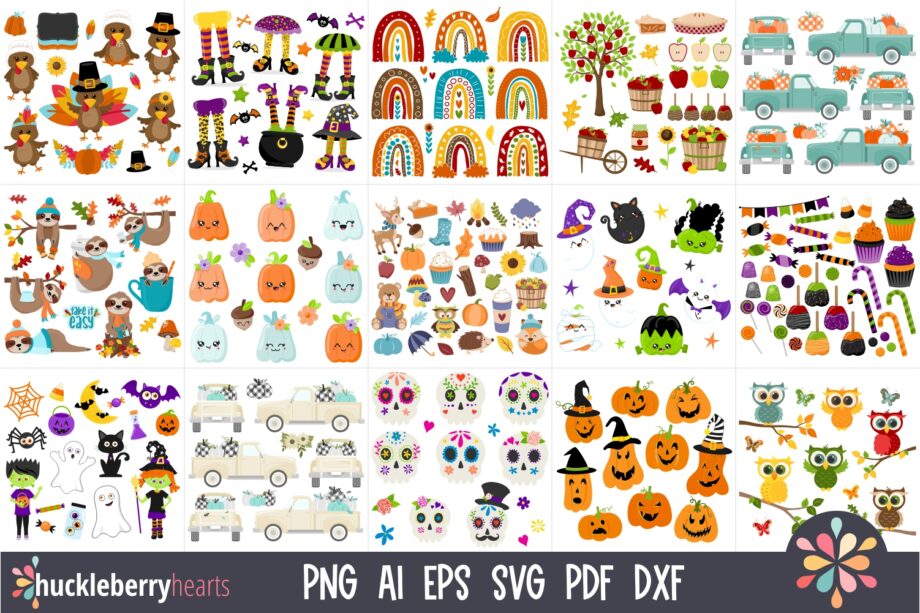 Assorted Fall themed clipart and vector bundle