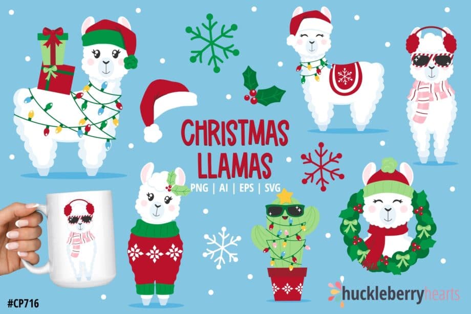 Assorted Christmas Llama and Cactus Clipart and SVGs