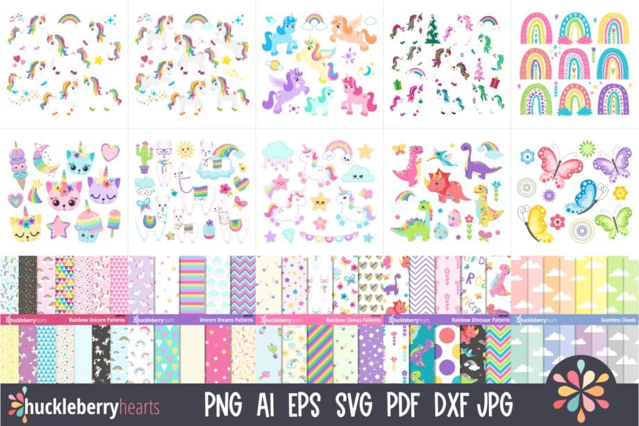 Assorted Rainbow and Unicorn Clipart and Vectors Bundle