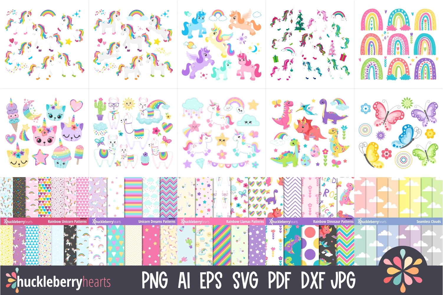Assorted Rainbow and Unicorn Clipart and Vectors Bundle