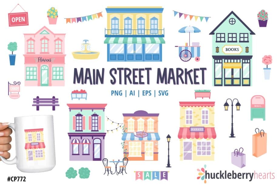 Assorted Market Buildings Clipart and Vector Set