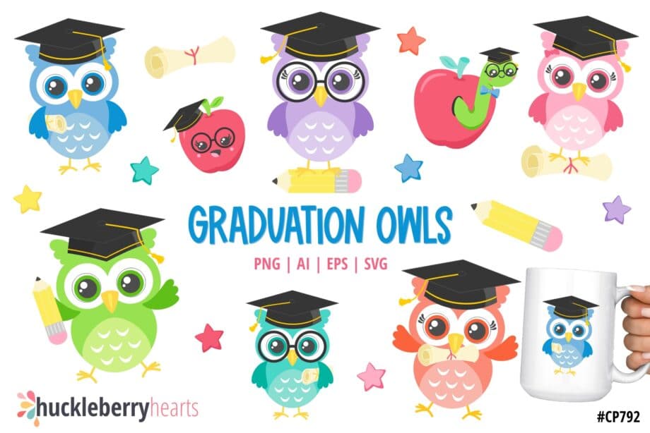 Assorted Graduation Owls Clipart and Vector Set