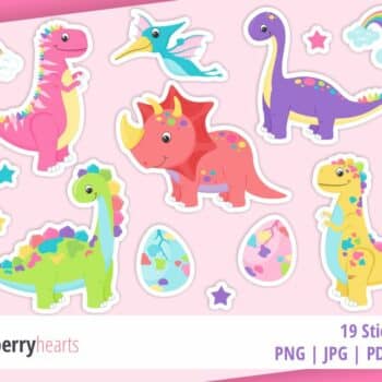 Assorted Rainbow Dinosaurs Printable Sticker Set