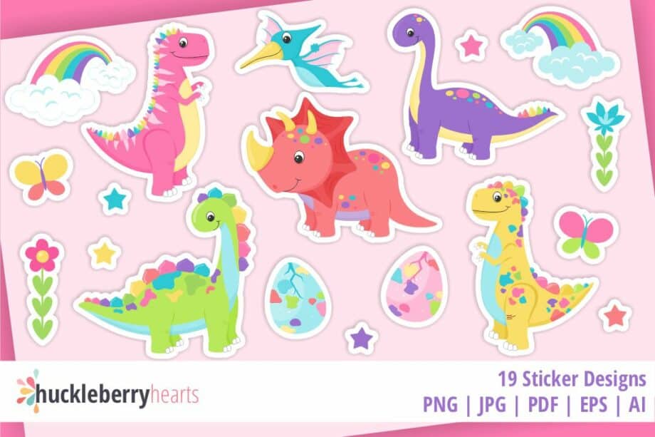 Assorted Rainbow Dinosaurs Printable Sticker Set