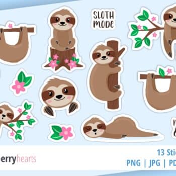 Assorted Sloth Themed Printable Sticker Set