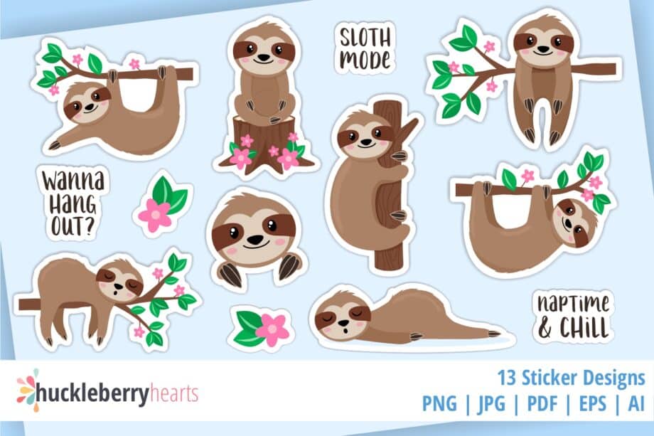 Assorted Sloth Themed Printable Sticker Set