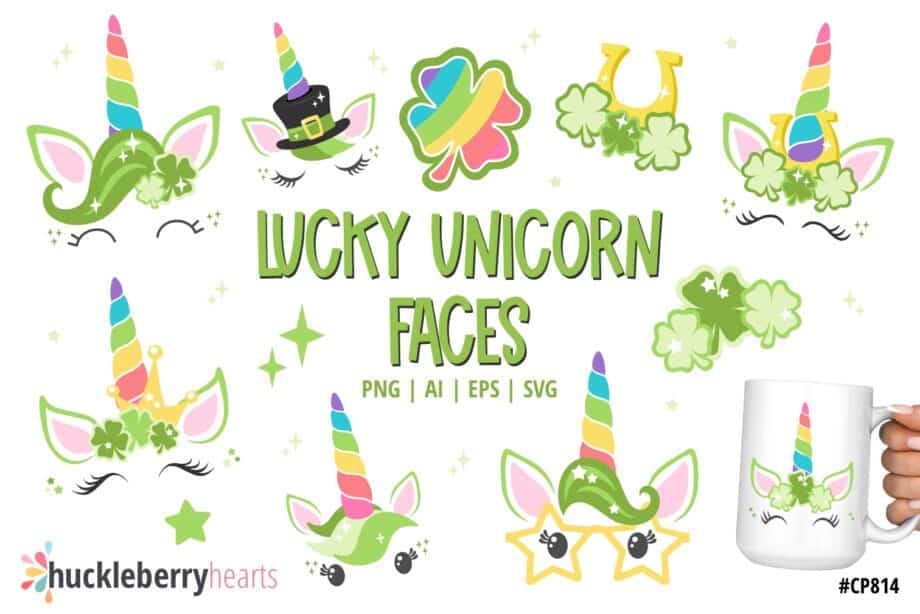Assorted St Patricks Day Unicorn Faces Clipart and Vector Set