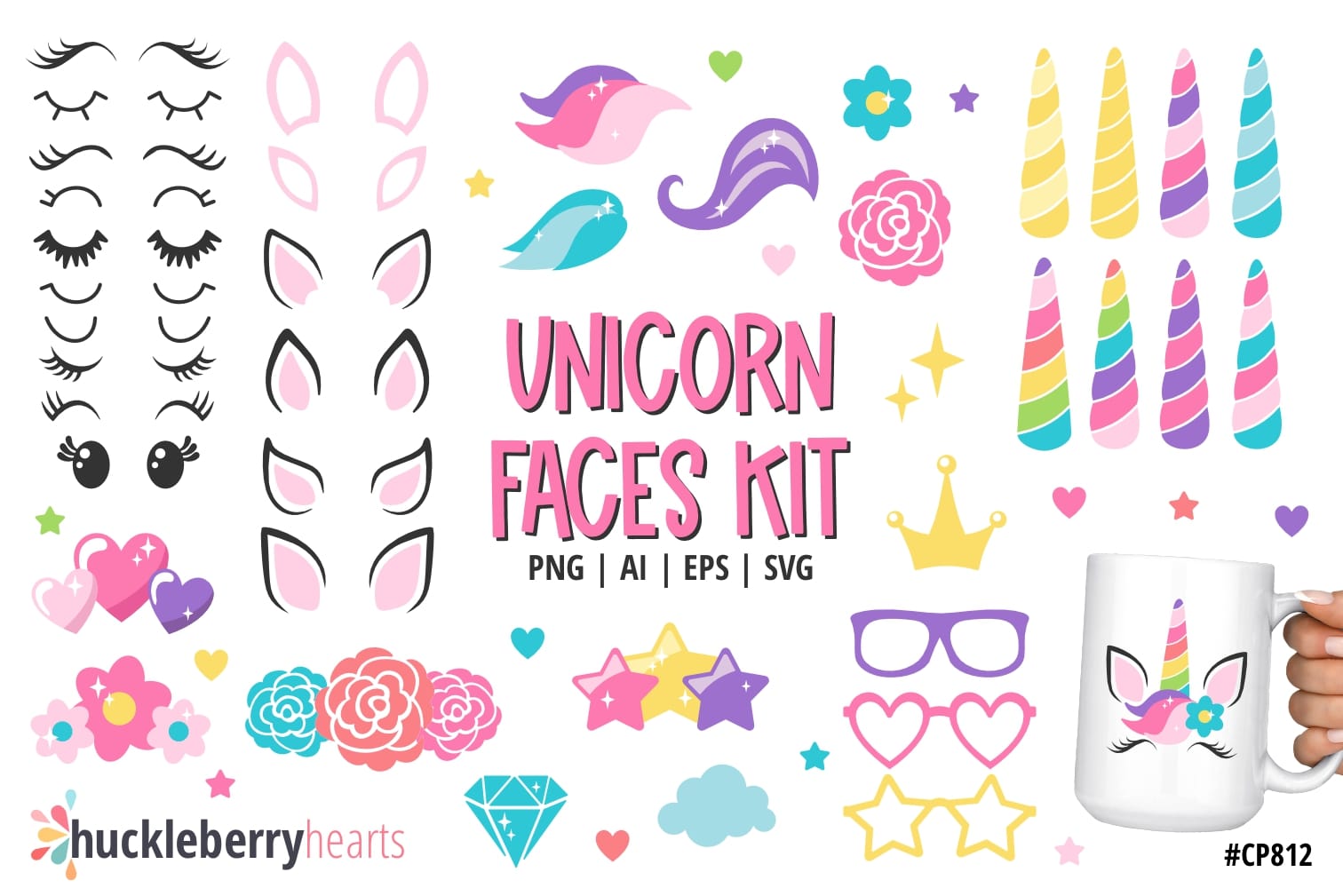 Assorted Unicorn Face Cliparts and SVG Set