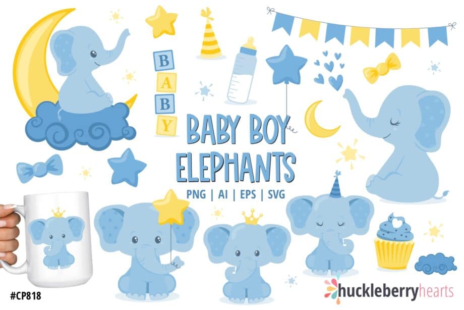 Baby Boy Elephants Clipart and SVG Set