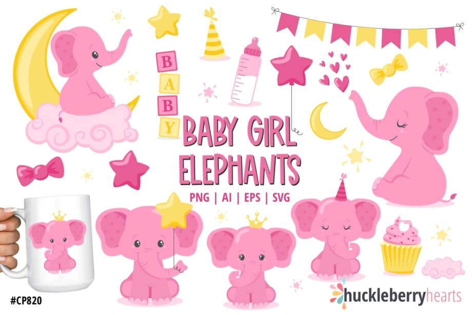 Baby Girl Elephants Clipart and SVG Set