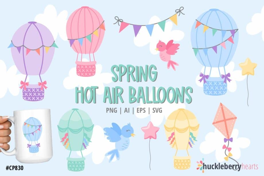 Assorted Spring Themed Hot Air Balloon Clipart and Vector Set